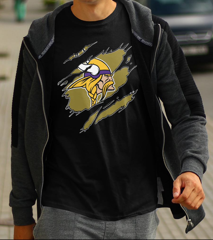 Minnesota Vikings Helmet And Warrior Tear Effect T-Shirt