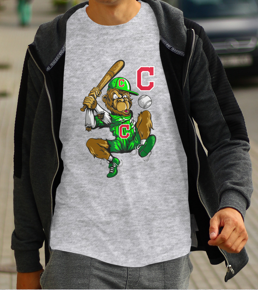 Cleveland Indians Home Run C Logo Green Jersey Baseball Bat Mascot T-Shirt