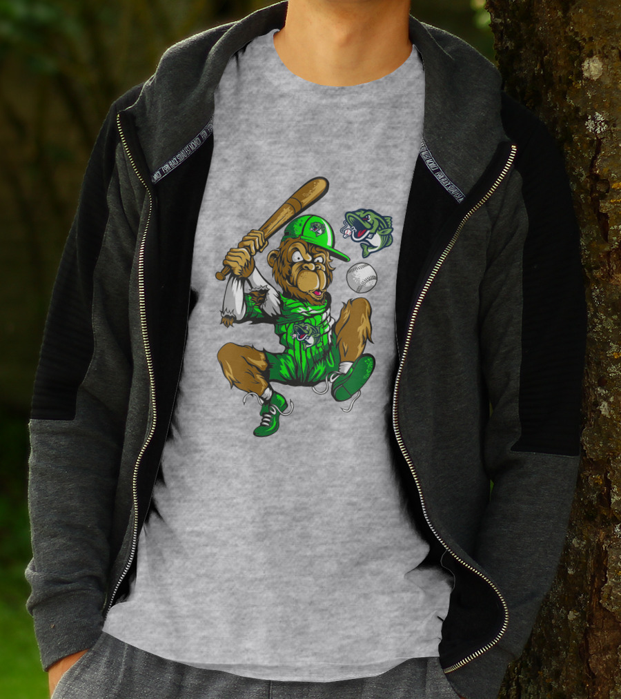 Gwinnett Stripers Baseball Bear Mascot Swinging Bat With Fish T-Shirt