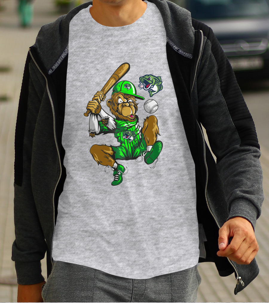 Gwinnett Stripers Baseball Bear Mascot Swinging Bat With Fish T-Shirt