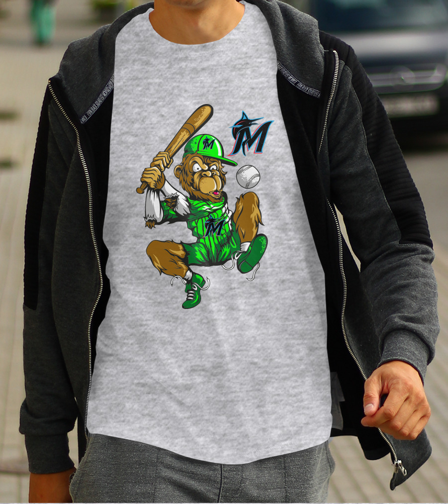 Miami Marlins Monkey Mascot Swinging At Baseball T-Shirt