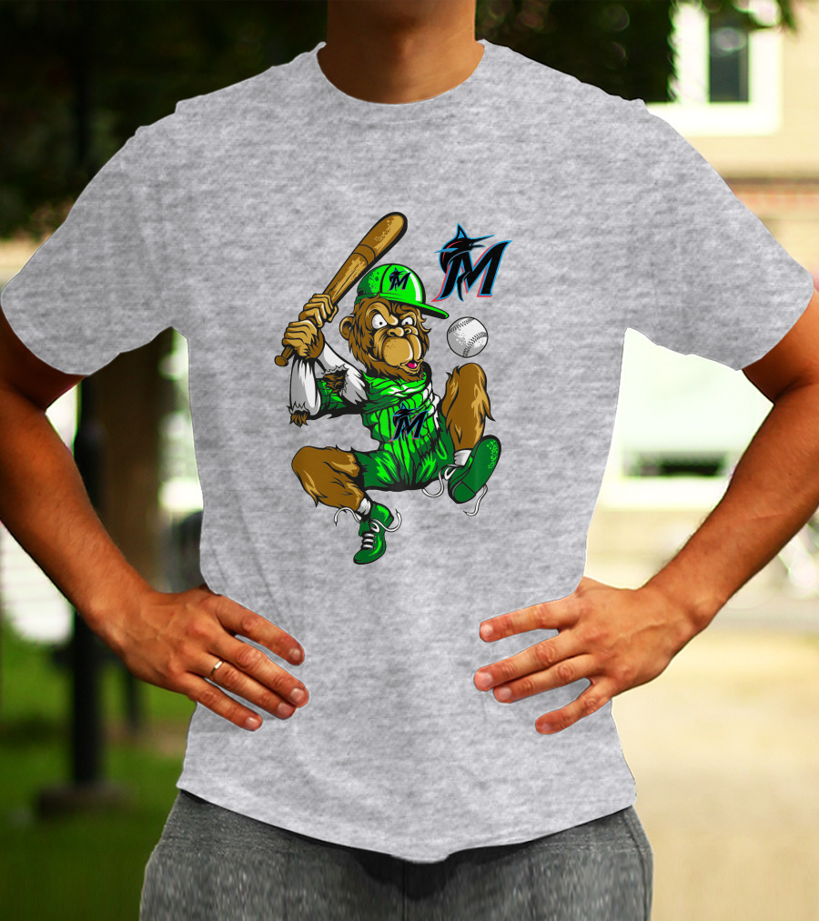 Miami Marlins Monkey Mascot Swinging At Baseball T-Shirt