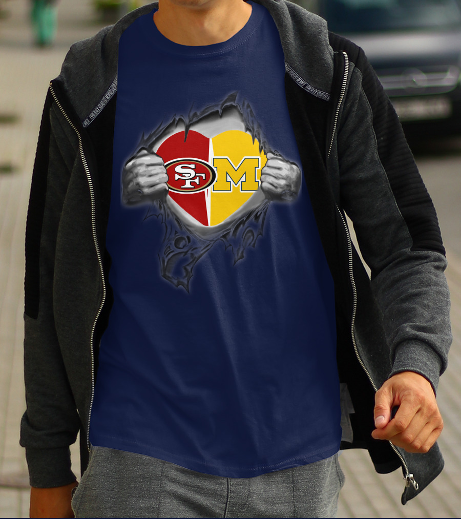 San Francisco 49ers Michigan Wolverines Heart Loyalty Fusion T-Shirt