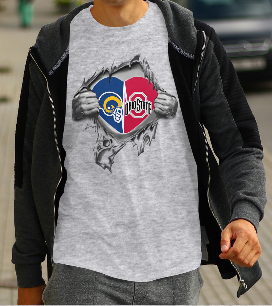 Rams Ohio State Heart Logos Tearing Through Fabric T-Shirt
