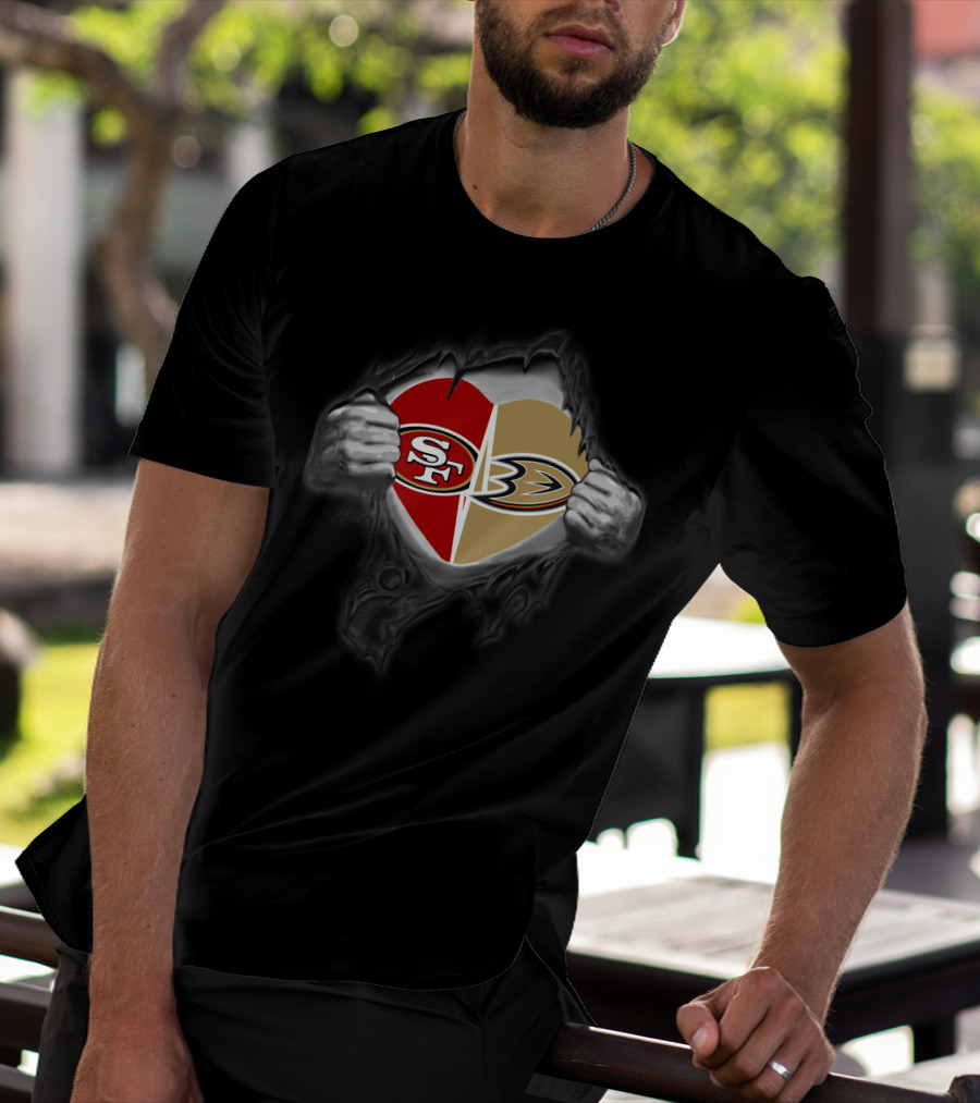 Sf 49ers Anaheim Ducks Heart With Ripped Hands T-Shirt