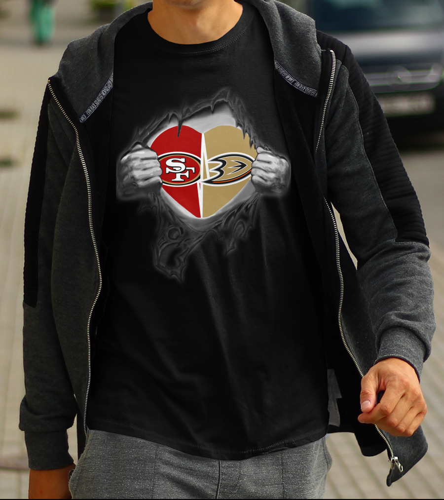 Sf 49ers Anaheim Ducks Heart With Ripped Hands T-Shirt