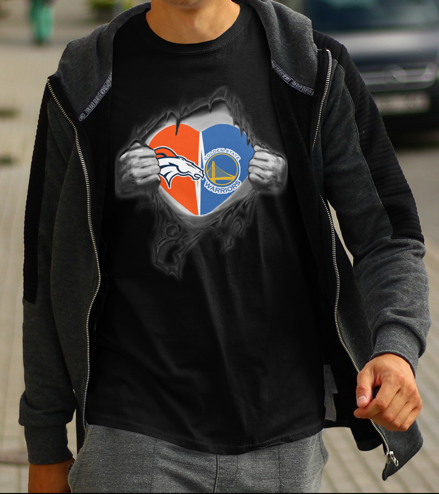 Broncos Warriors Heart With Denver Broncos And Golden State Warriors T-Shirt