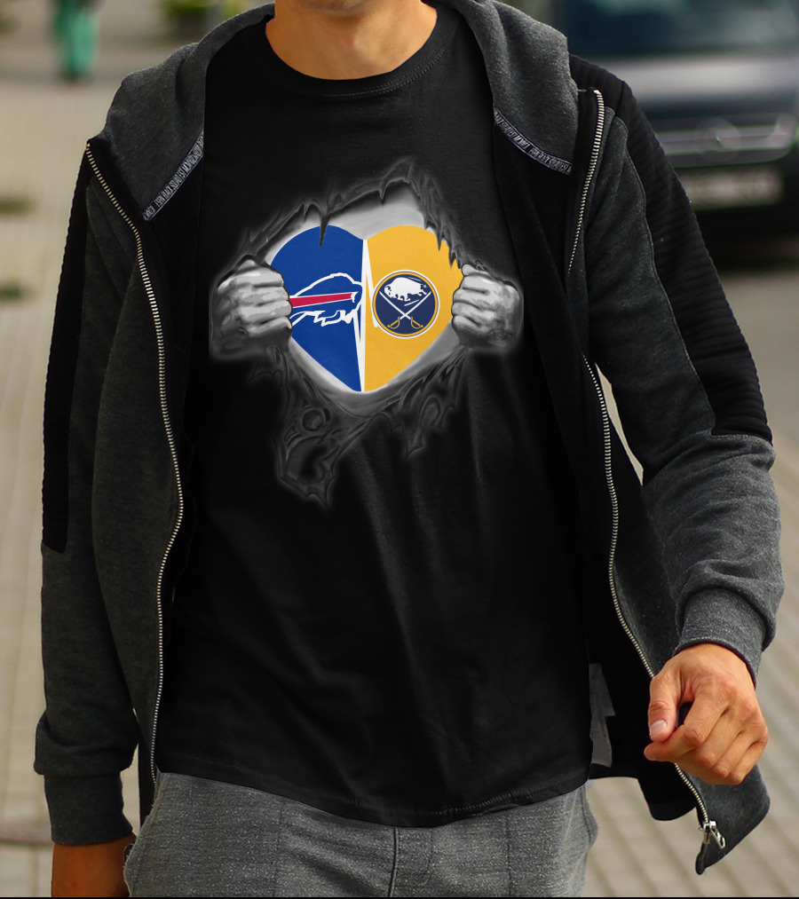 Buffalo Bills Sabres Dual Heart Symbol With Team Logos T-Shirt