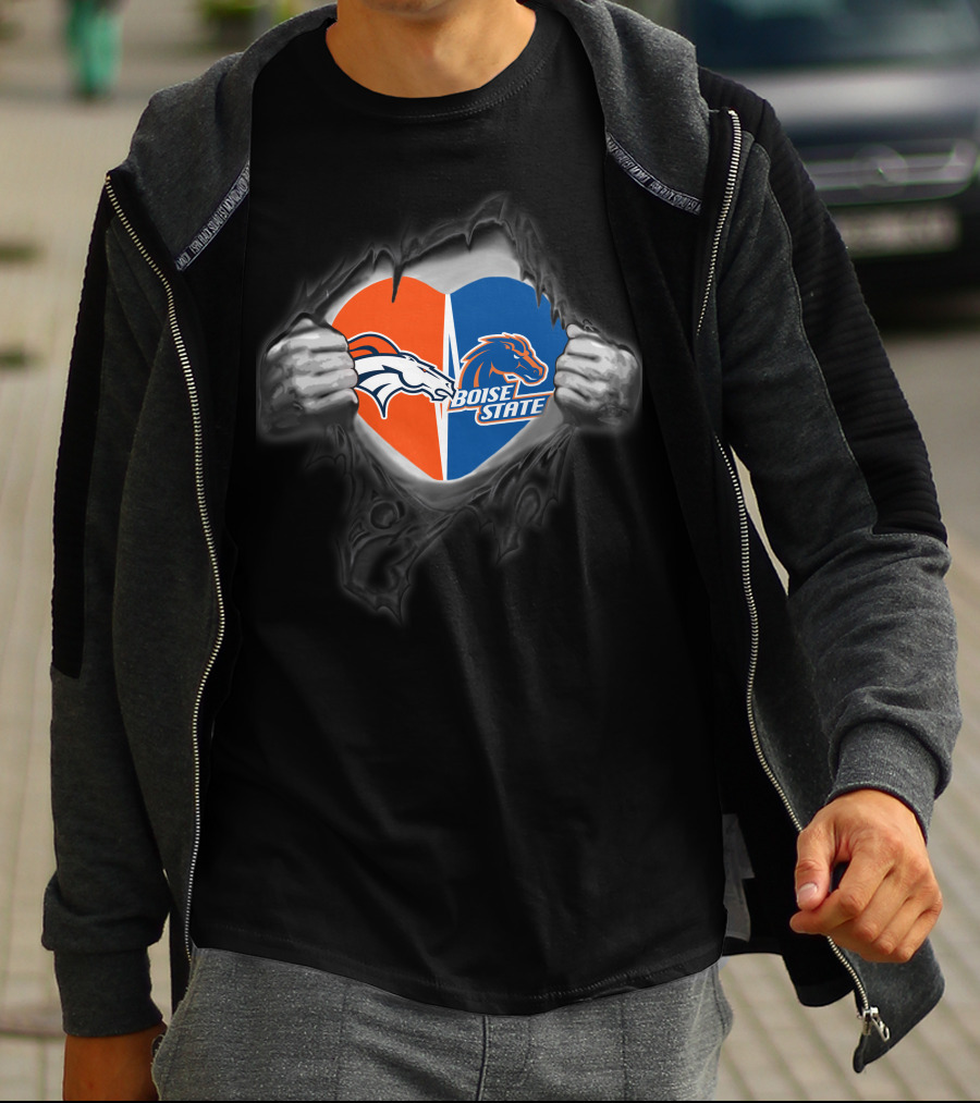 Denver Broncos Boise State Heart Split Logos Torn Chest T-Shirt