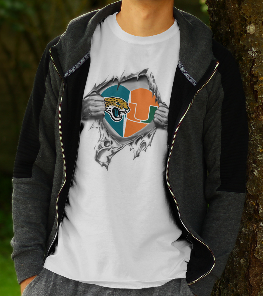 Jaguars Miami Hurricanes Heart Symbol Ripping T-Shirt
