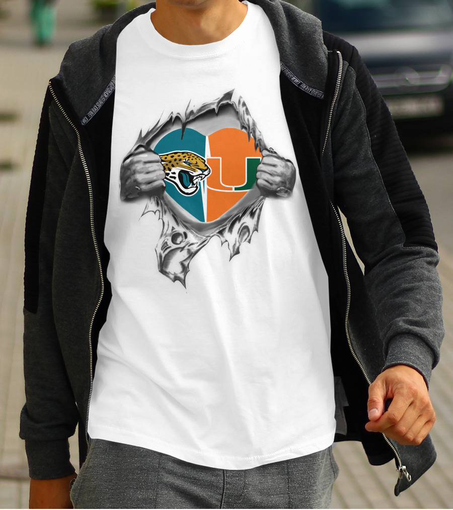 Jaguars Miami Hurricanes Heart Symbol Ripping T-Shirt