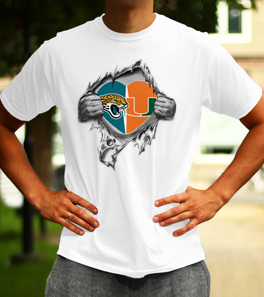 Jaguars Miami Hurricanes Heart Symbol Ripping T-Shirt