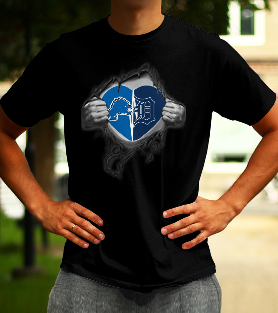 Lions Tigers Heart Logo Design Showcasing Detroit Teams Passion T-Shirt