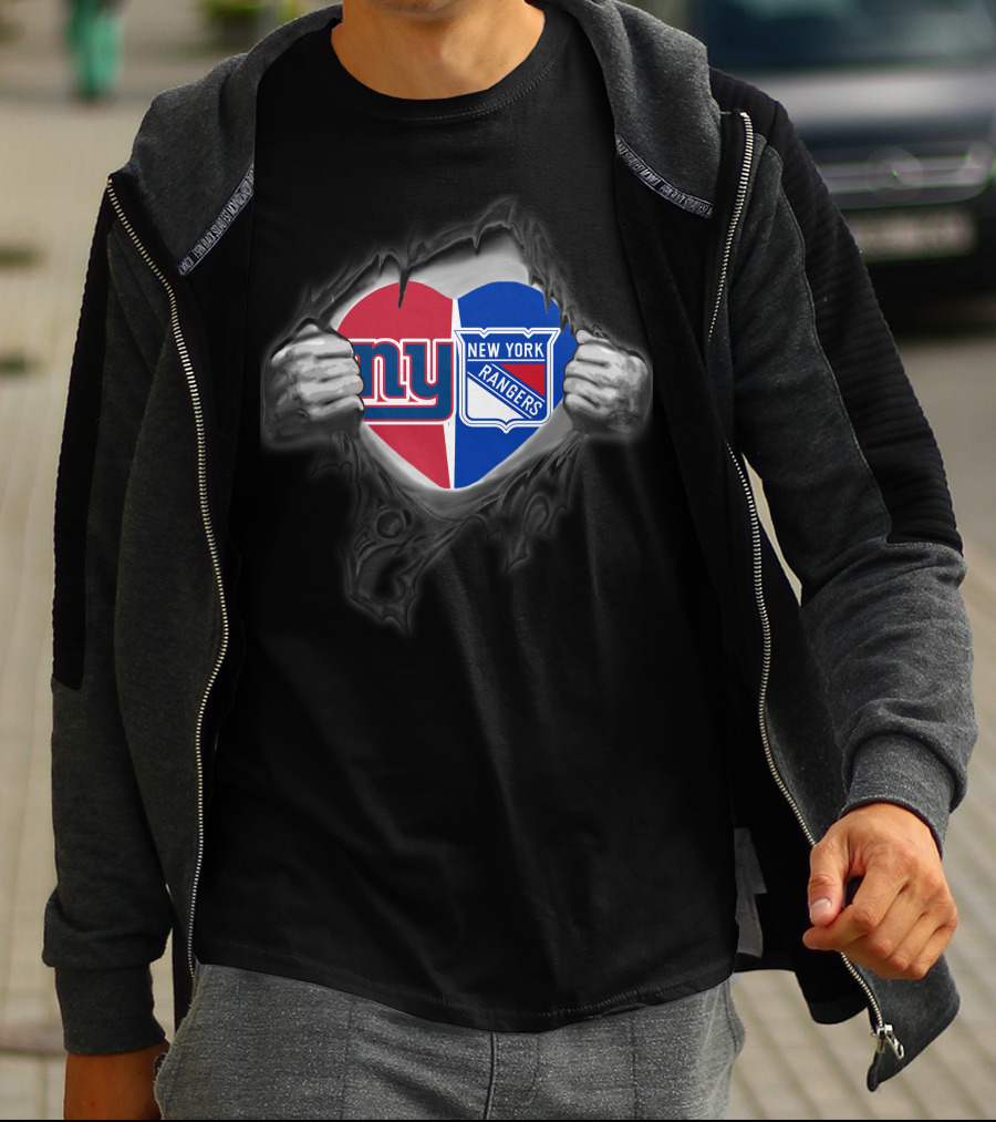 New York Giants Ny And New York Rangers Heart Torn Fabric T-Shirt