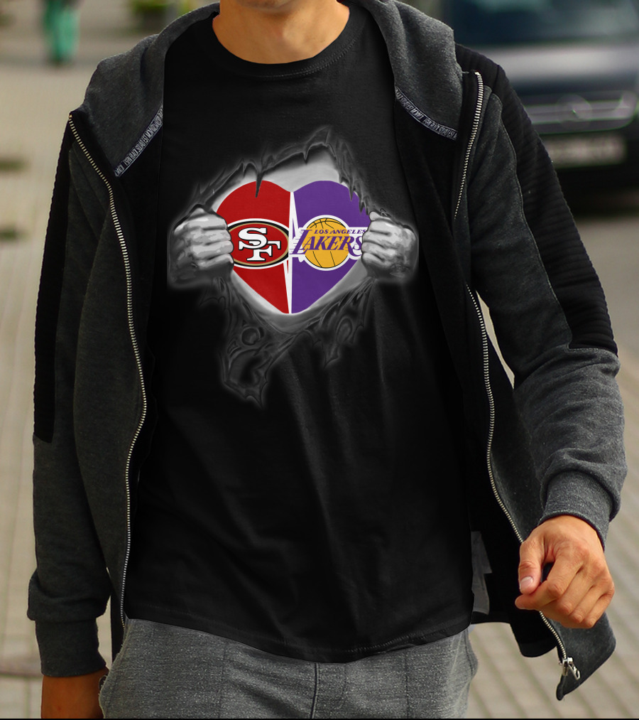 Sf 49ers La Lakers Heart Holding Logos T-Shirt