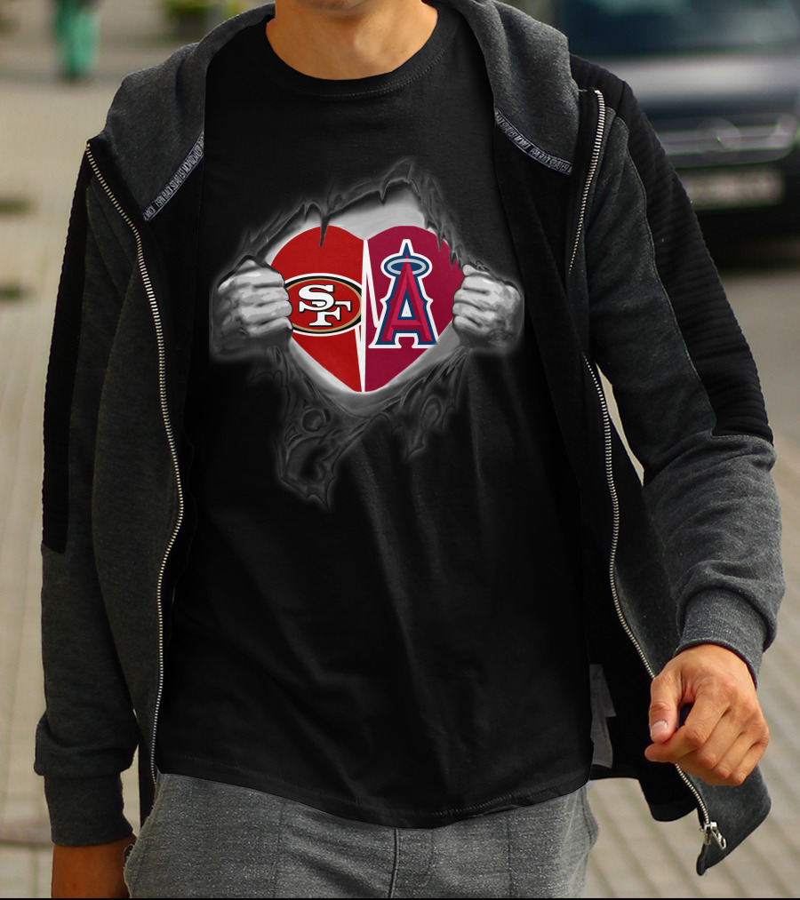 Sf 49ers Los Angeles Angels Heart Symbol With Logos T-Shirt
