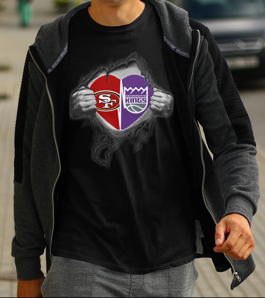 Sf 49ers Sacramento Kings Heart Logos Torn T-Shirt