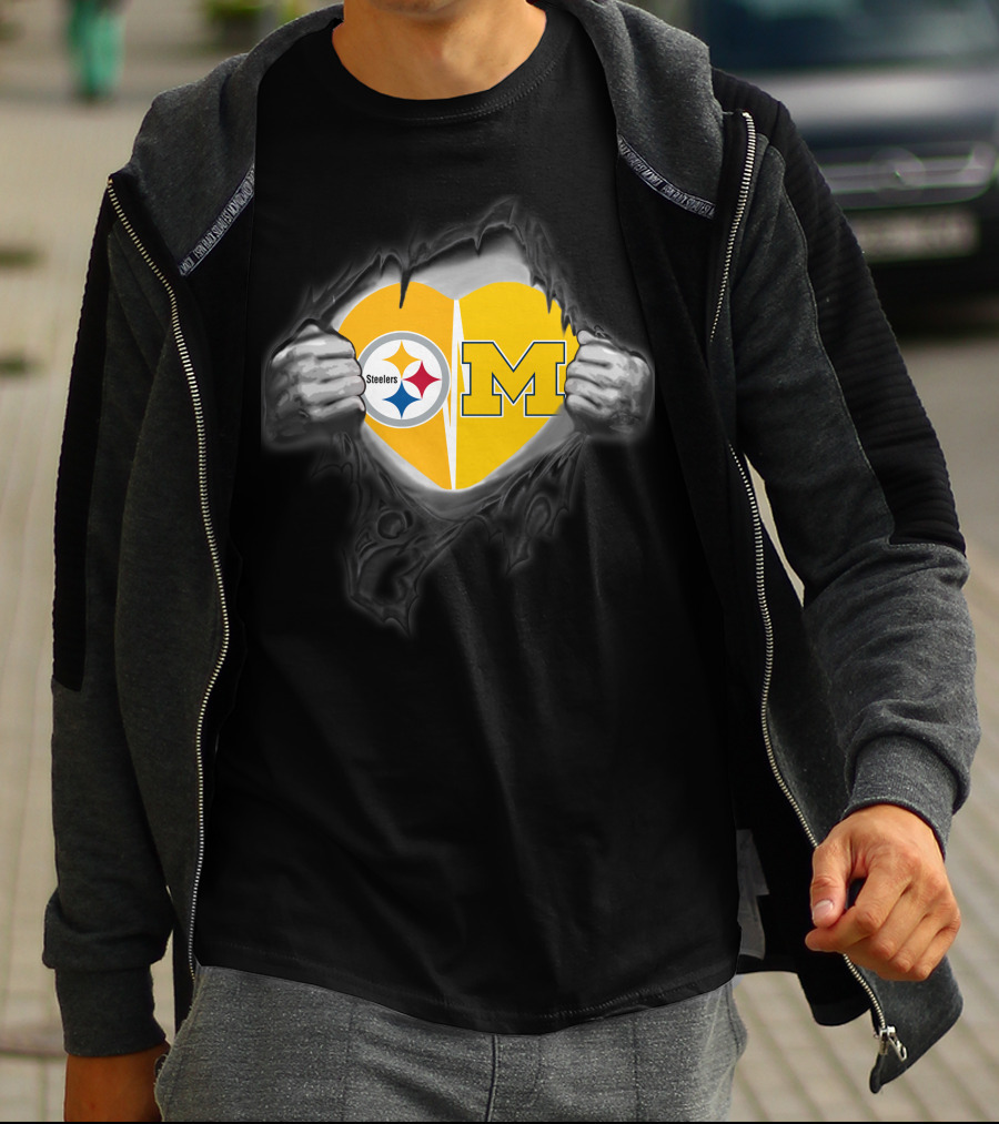 Steelers And Michigan Heart Symbol Inside Ripped Skin T-Shirt