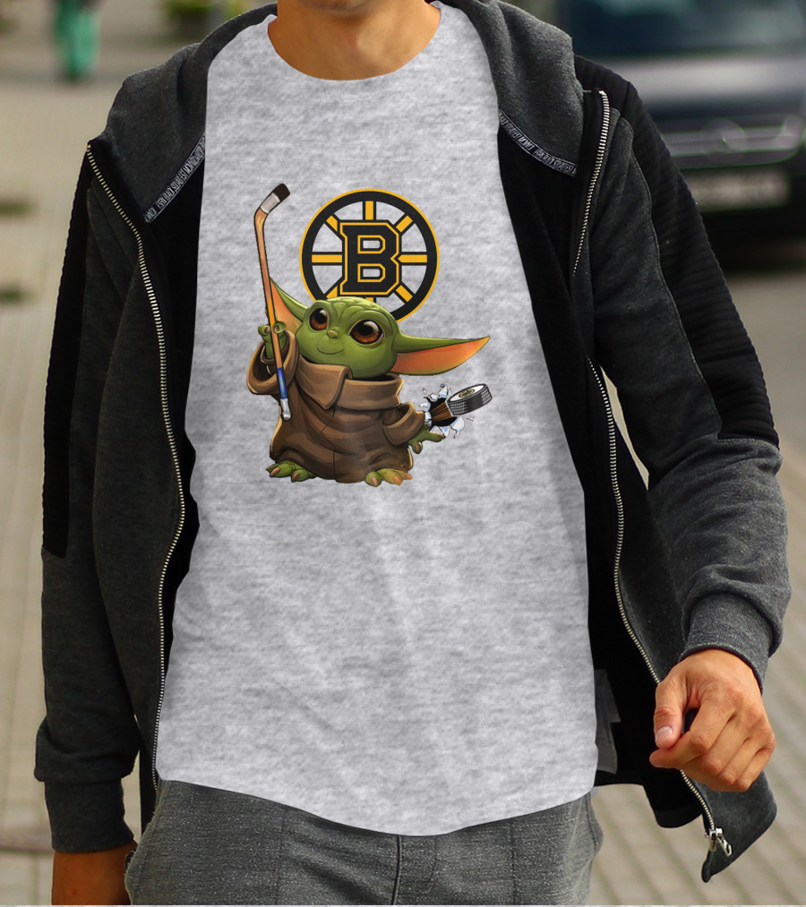 Boston Bruins Baby Yoda Hockey Stick Puck Character T-Shirt