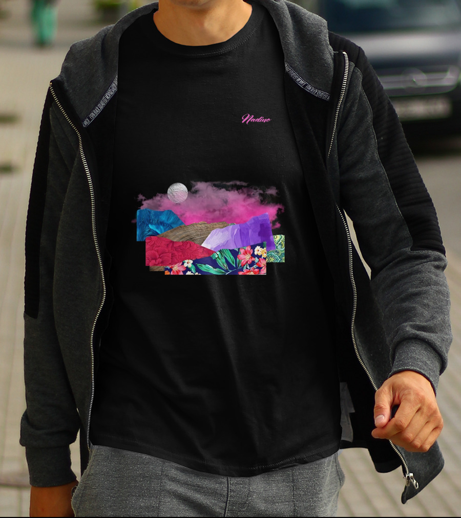 Nadine Lott Vibrant Floral Pattern With Pink And Blue Textures And White Moon T-Shirt