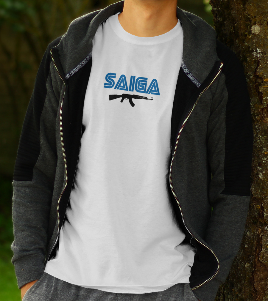 SAIGA AK47 Rifle Bold Blue Text T-Shirt