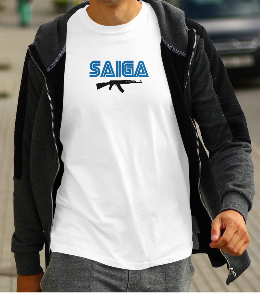 SAIGA AK47 Rifle Bold Blue Text T-Shirt
