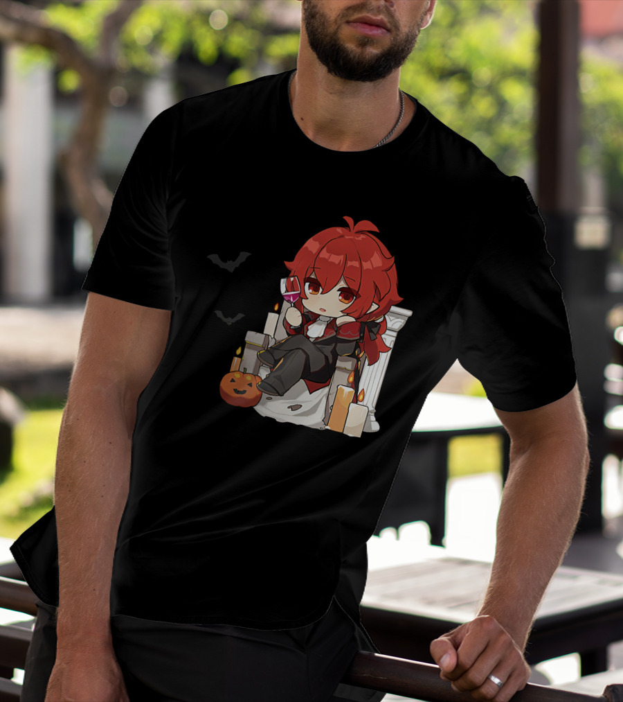 Genshin Impact Diluc Halloween Sitting With Wine And Jack-o'-Lantern T-Shirt