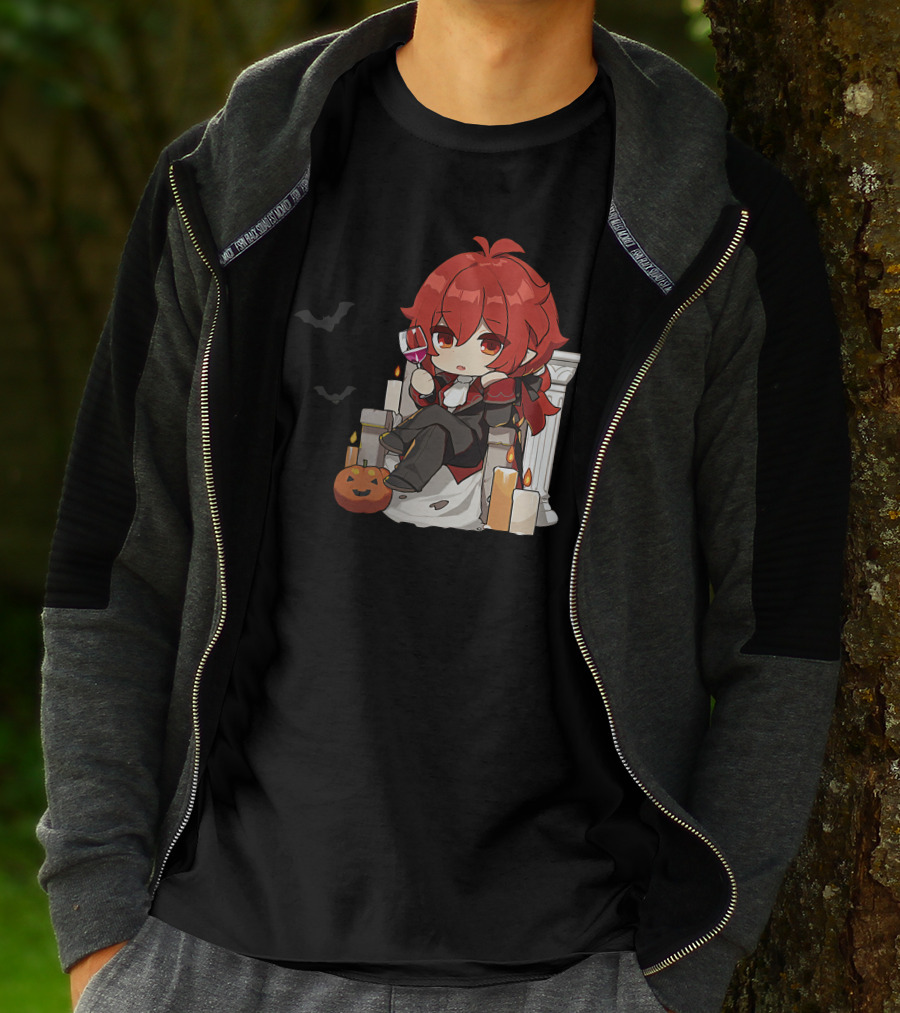 Genshin Impact Diluc Halloween Sitting With Wine And Jack-o'-Lantern T-Shirt