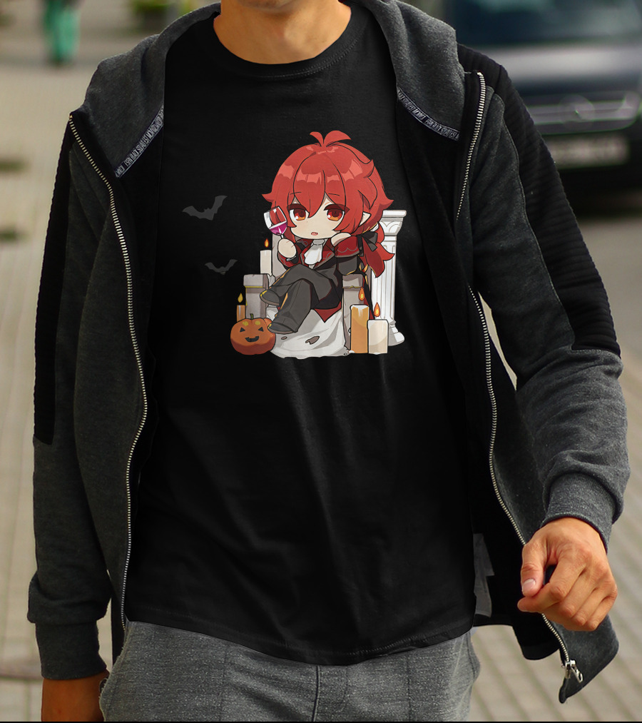 Genshin Impact Diluc Halloween Sitting With Wine And Jack-o'-Lantern T-Shirt