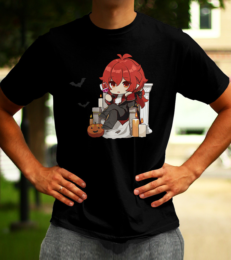 Genshin Impact Diluc Halloween Sitting With Wine And Jack-o'-Lantern T-Shirt