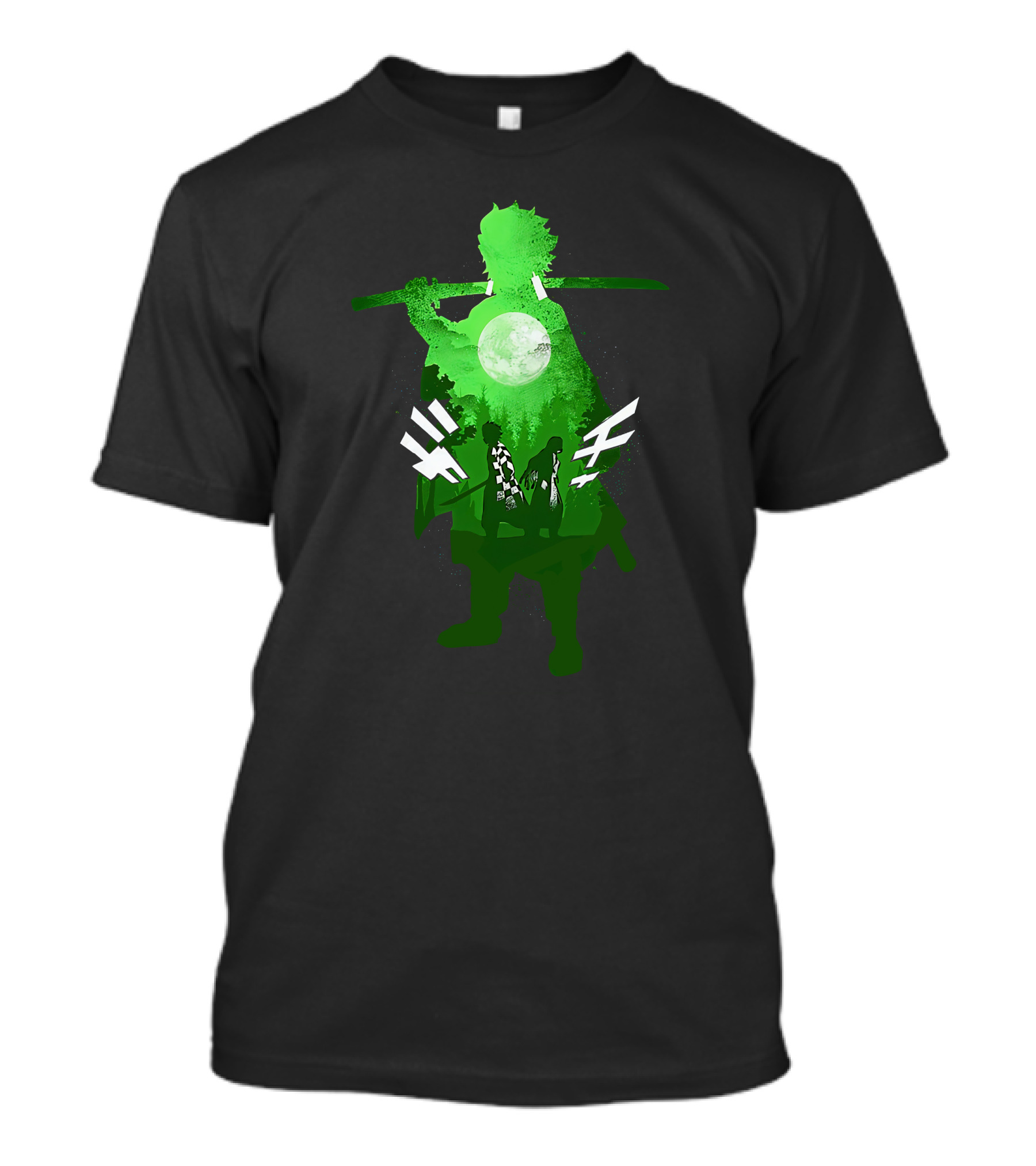 Demon Slayer Anime Tanjiro Kamado Green Silhouette With Moon And Sword T-Shirt