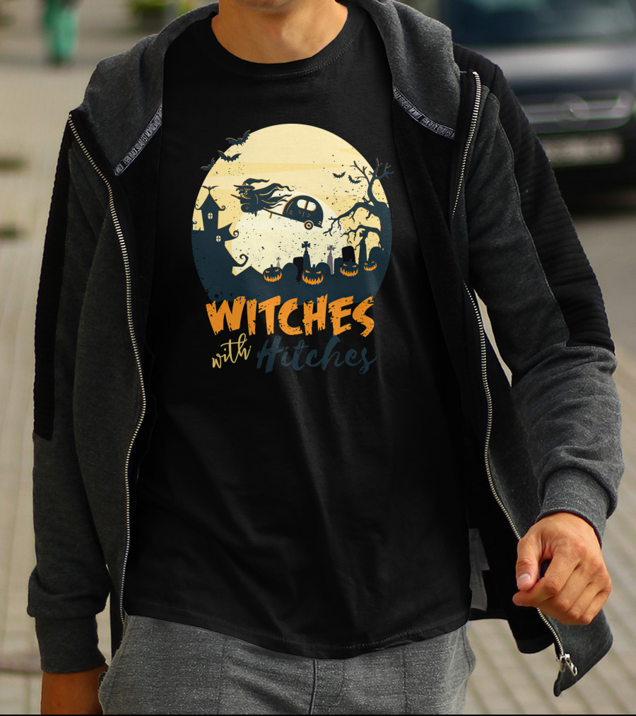 Witches With Hitches Halloween Camper Scene With Flying Broomstick And Spooky Graveyard T-Shirt
