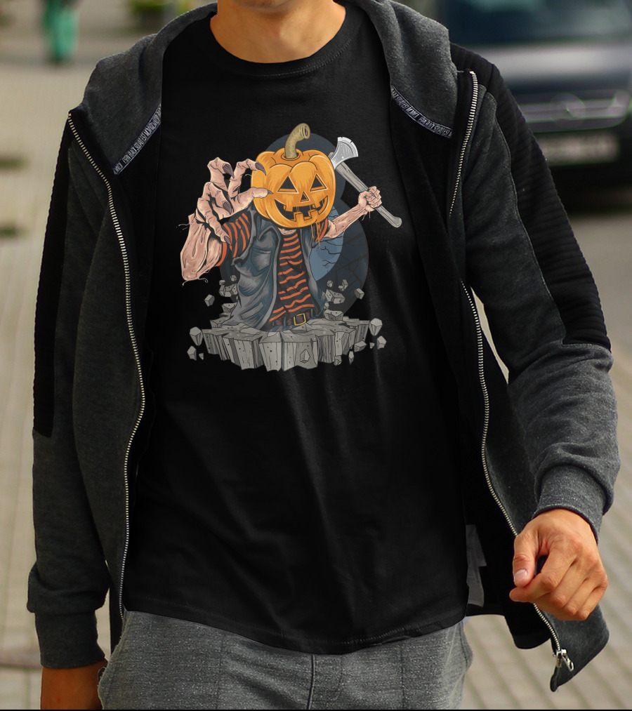 Pumpkin Head Zombie With Axe And Striped Shirt Emerging From Ground T-Shirt