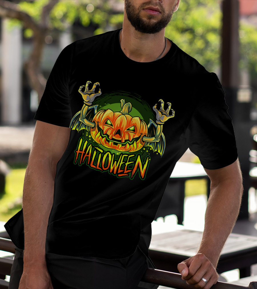Halloween Pumpkin With Bat Wings And Zombie Hands T-Shirt