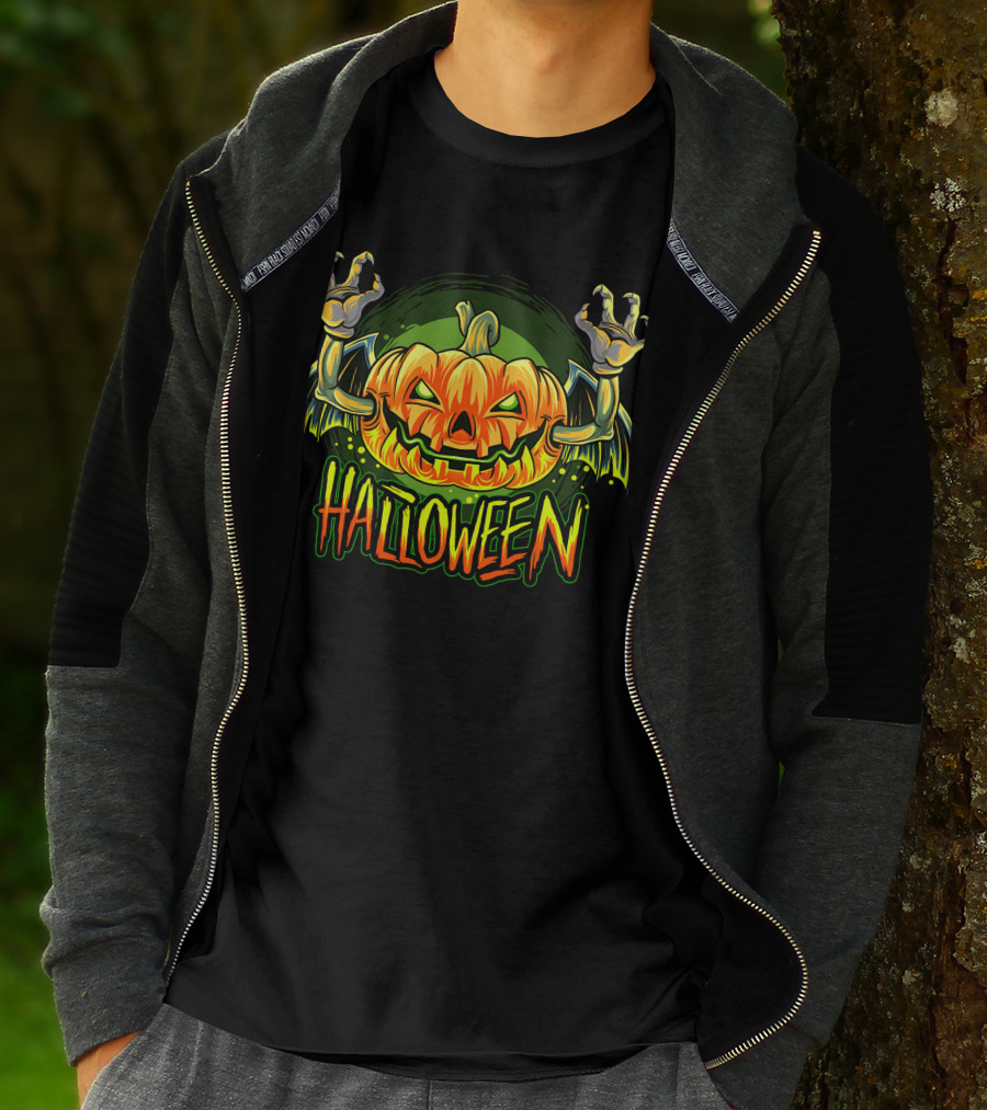 Halloween Pumpkin With Bat Wings And Zombie Hands T-Shirt