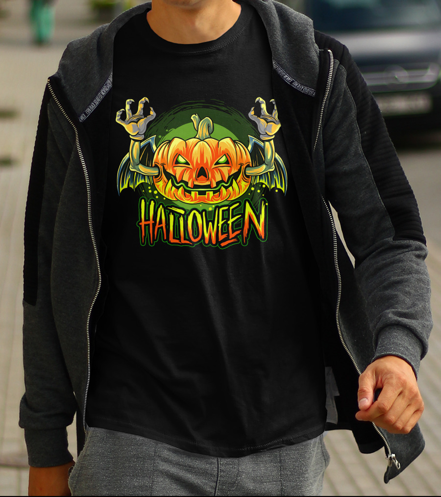 Halloween Pumpkin With Bat Wings And Zombie Hands T-Shirt