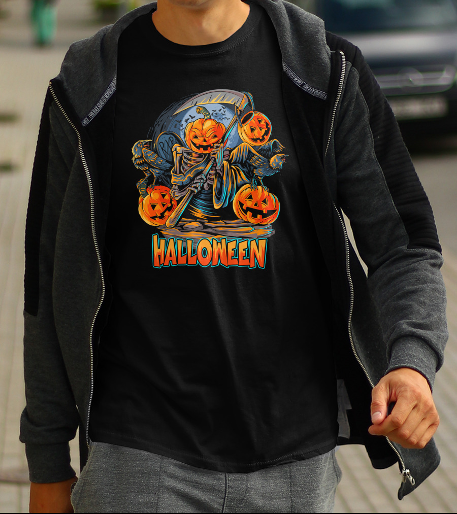 Grim Reaper Jack-O'-Lantern With Scythe And Ravens Halloween Scene T-Shirt