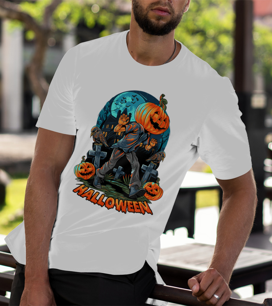 Spooky Halloween Pumpkin Head Costume With Haunted House And Bats T-Shirt
