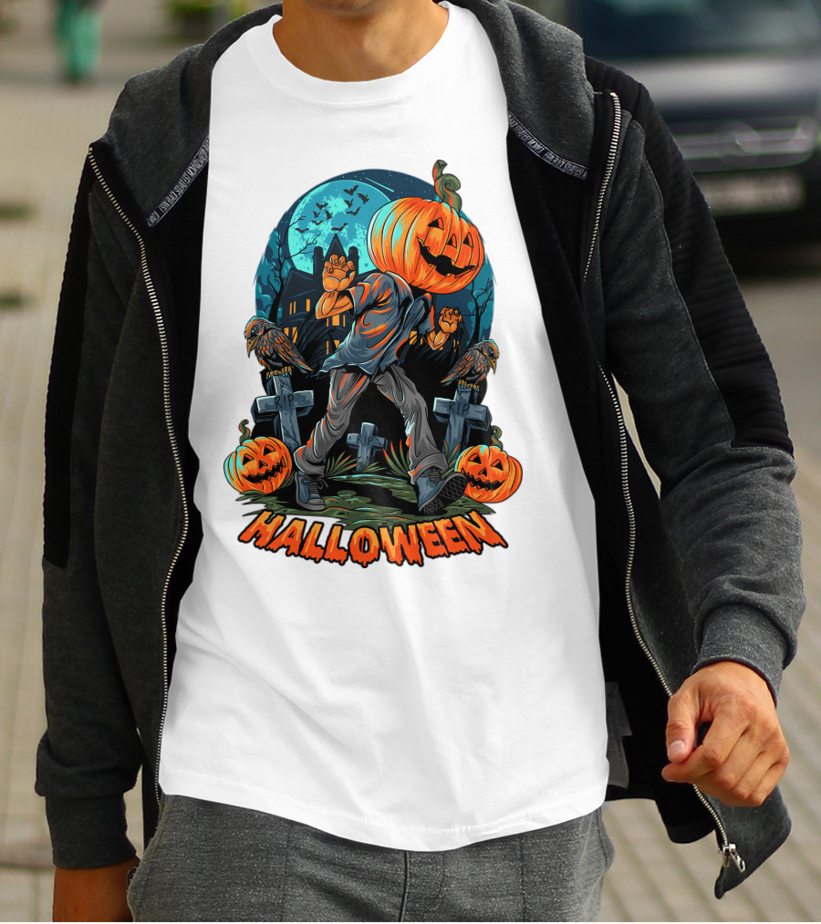 Spooky Halloween Pumpkin Head Costume With Haunted House And Bats T-Shirt