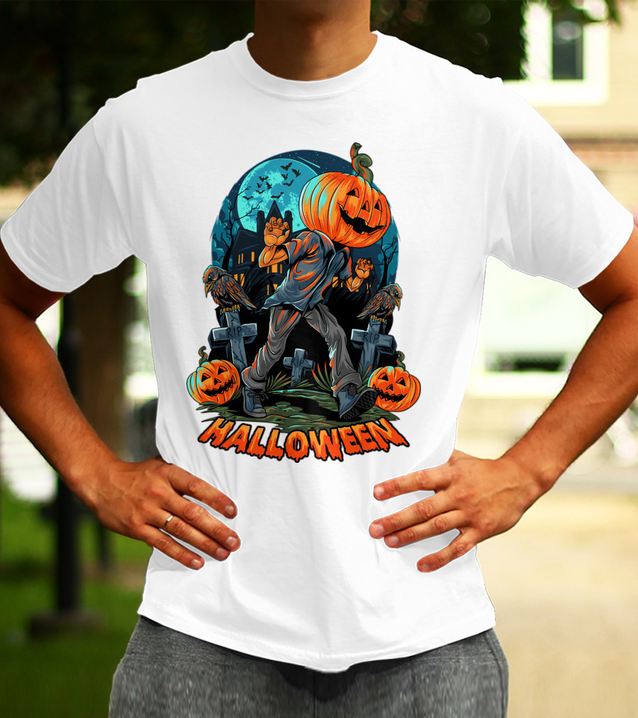 Spooky Halloween Pumpkin Head Costume With Haunted House And Bats T-Shirt