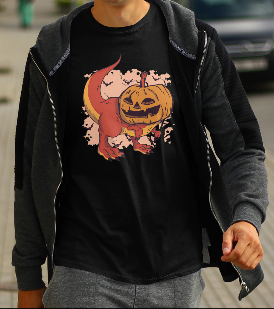 Pumpkin-Head Dinosaur With Jack-O'-Lantern Face And Creepy Background T-Shirt