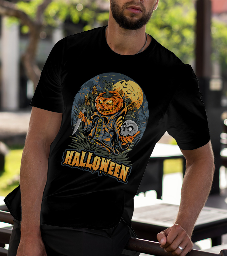 Halloween Pumpkin Head With Knife And Skull In Cornfield Scene T-Shirt