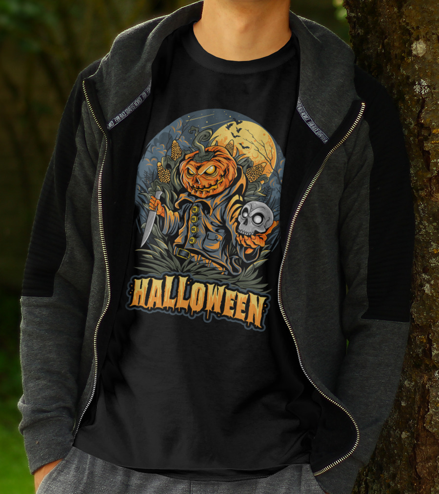 Halloween Pumpkin Head With Knife And Skull In Cornfield Scene T-Shirt