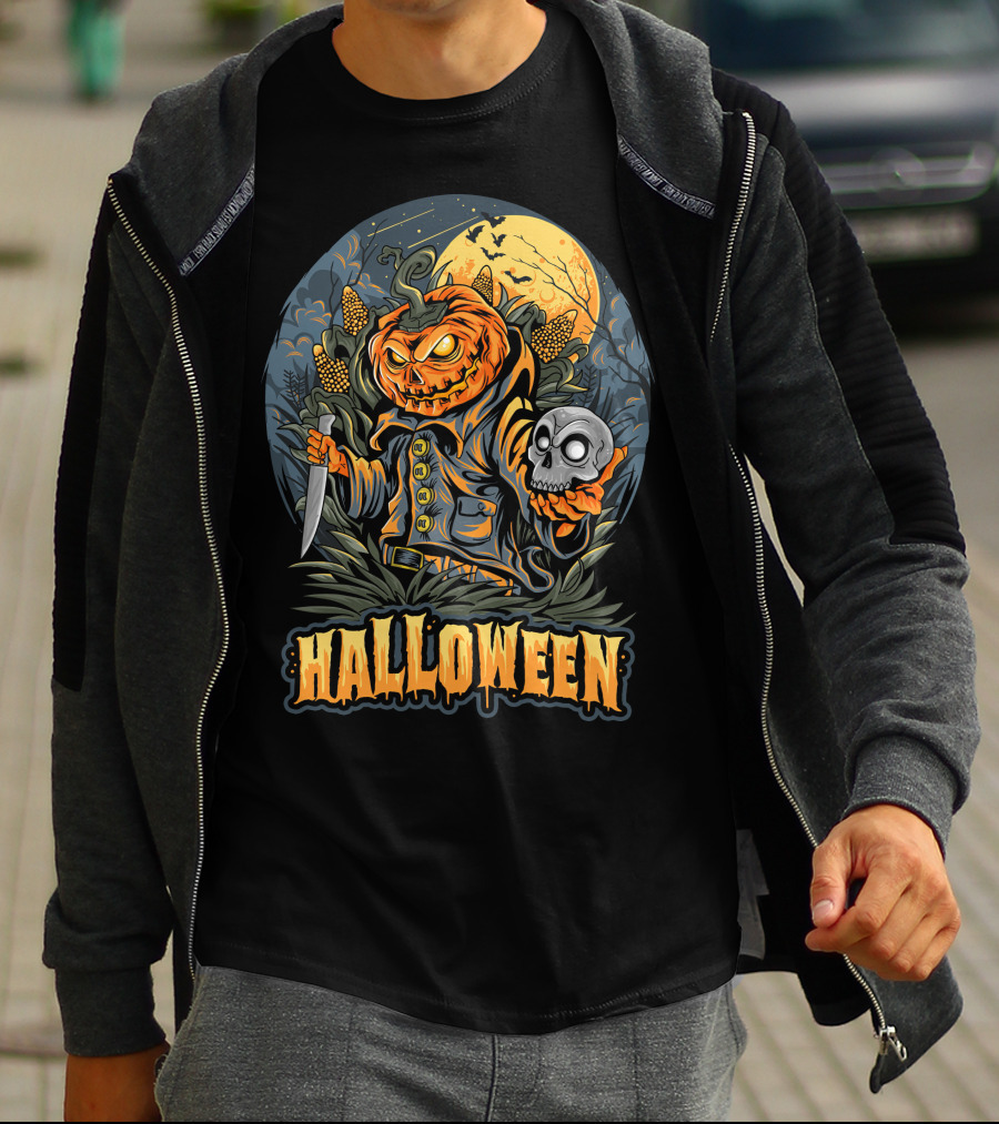 Halloween Pumpkin Head With Knife And Skull In Cornfield Scene T-Shirt