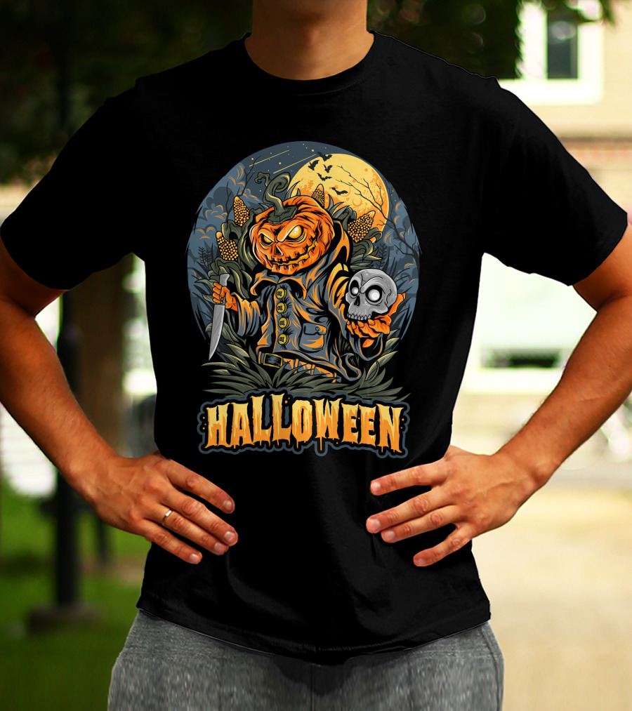 Halloween Pumpkin Head With Knife And Skull In Cornfield Scene T-Shirt