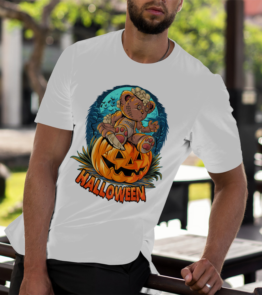 Halloween Teddy Bear On Pumpkin With Moon And Bats T-Shirt