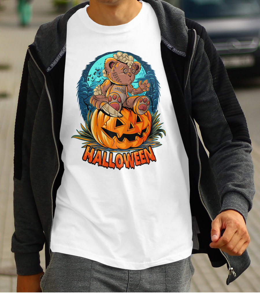 Halloween Teddy Bear On Pumpkin With Moon And Bats T-Shirt