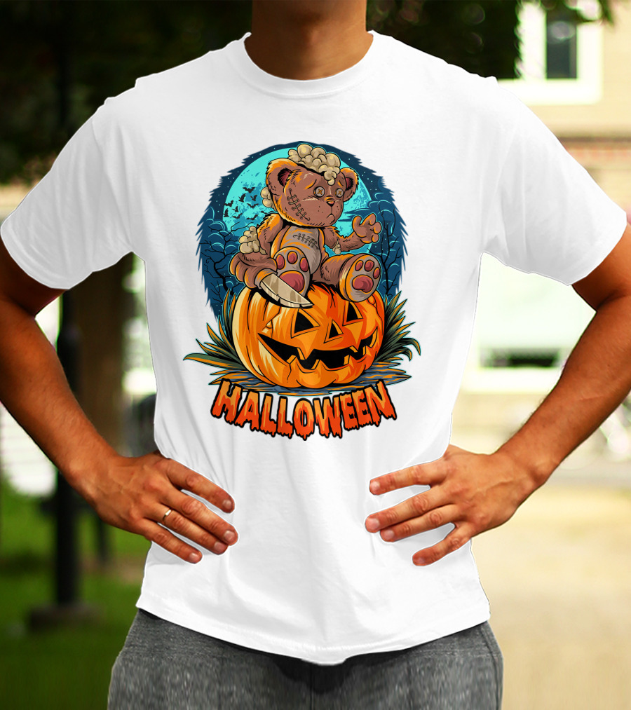 Halloween Teddy Bear On Pumpkin With Moon And Bats T-Shirt