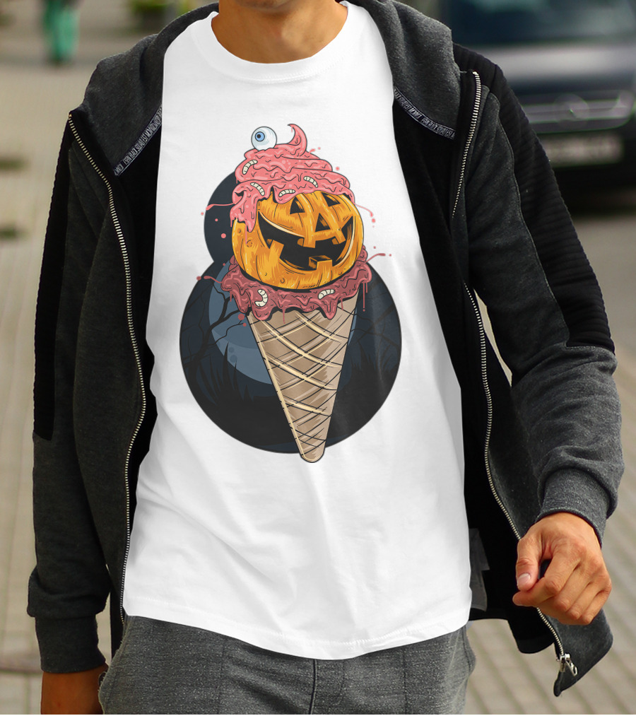 Ice Cream Pumpkin Creepy Cone Halloween Mashup T-Shirt