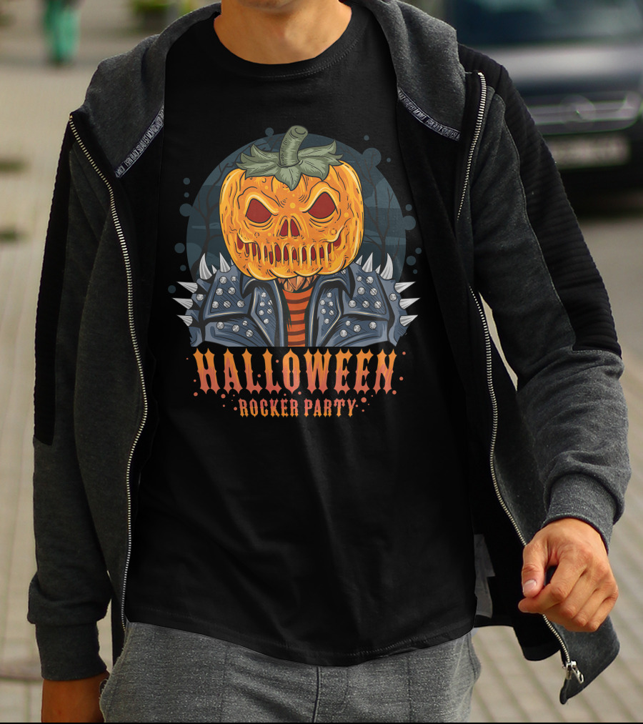 Halloween Rocker Party Pumpkin Head Spiked Jacket T-Shirt